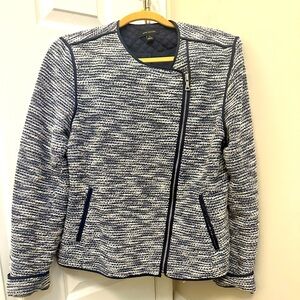 Ann Taylor Tweed Blazer Jacket Navy Full Zip Size 12 Quilted Lined Boucle